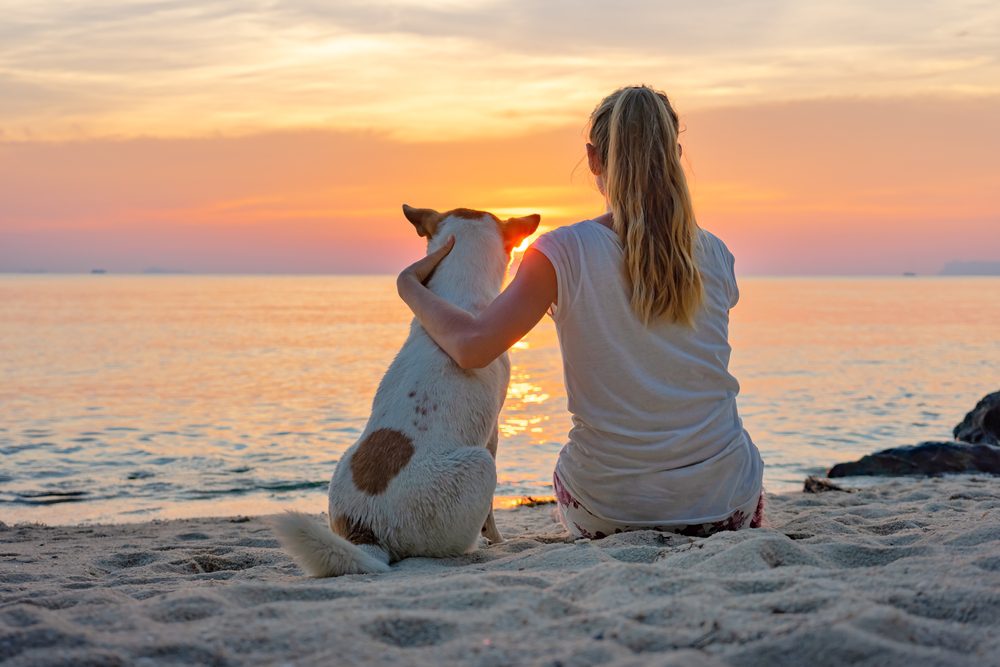 woman and dog on beach at sunset